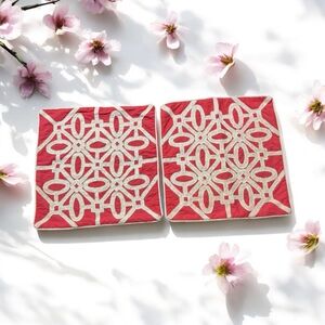 Set 2 Kim Seybert Beaded Coral Pink & Cream Cotton Jute Pillow Shams READ